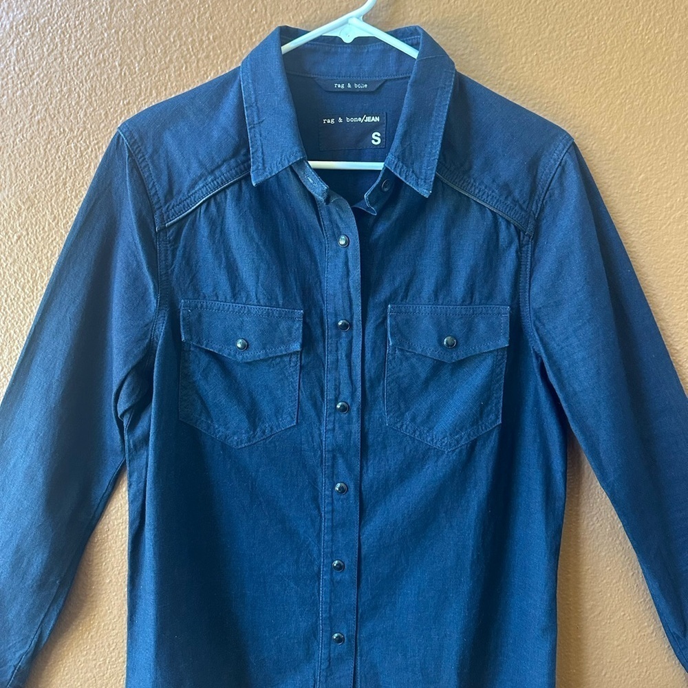 Rag & Bone Navy Blue Western Snap Front Shirt With Leather Trim Size Small - Picture 3 of 9